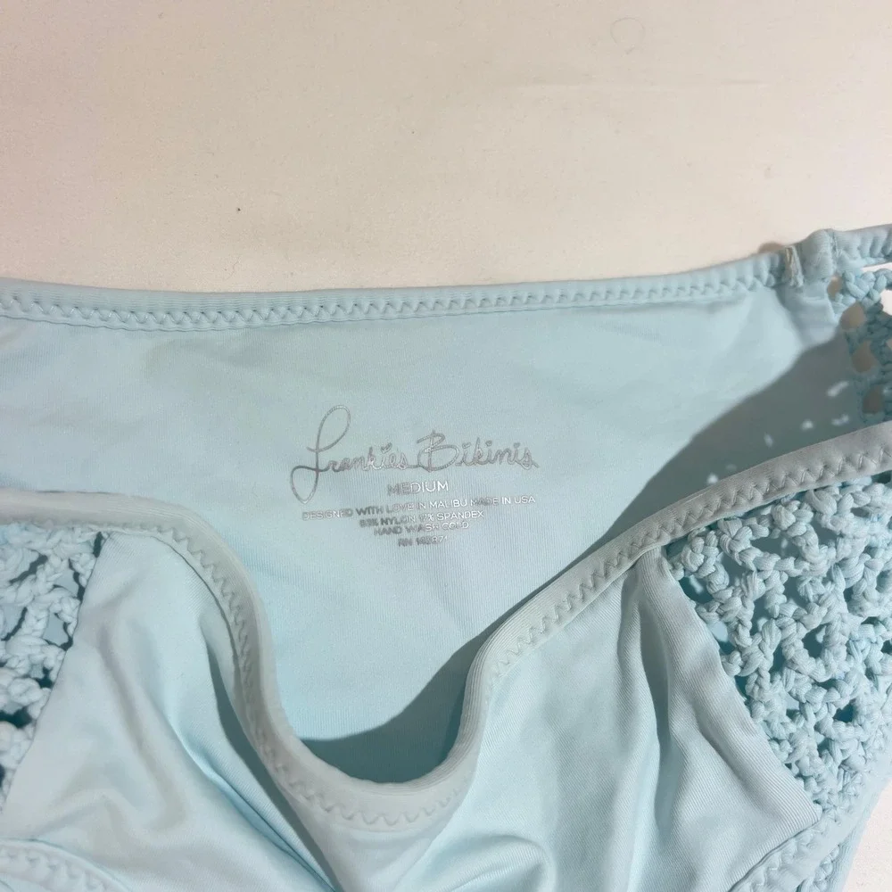 Frankies Bikinis Light Blue Crochet Macrame Side Bikini Bottoms Medium - Picture 2 of 5